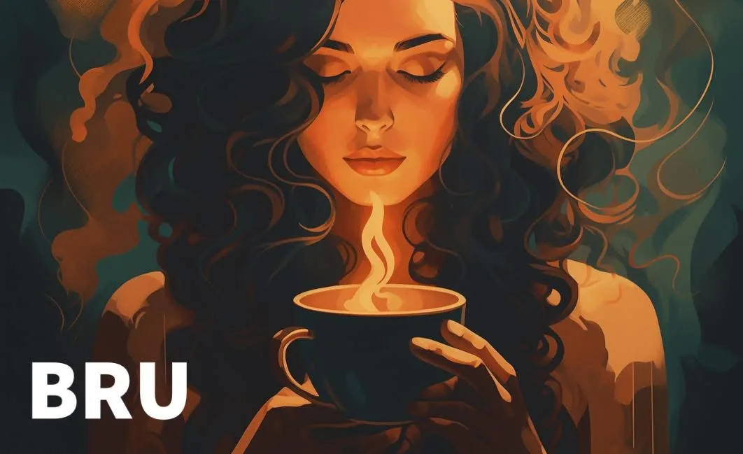 BRU Pattaya, warm illustration of a woman holding a cup of coffee